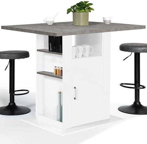 IDMarket - Ilot central UGO 110 cm bandeja efecto hormigón y blanco con almacenamiento