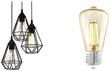 EGLO Pendelleuchte Tarbes schwarz Vintage, Hängelampe Esszimmer, Hängeleuchte inkl. 3 LED Leuchtmittel, Retro Lampe im Industrial Design, Pendellampe aus Stahl Ø 31 cm
