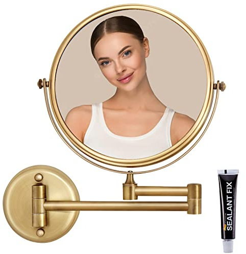 RECKODOR 8 Inch Brass Bathroom Magnifying Mirror Wall Mounted 5X, 360 Swivel Extendable Arm Cosmetic Mirror, Home Bathroom Shaving Vanity Mirror, Brushed Antique Brass (RECK02-M-WL)