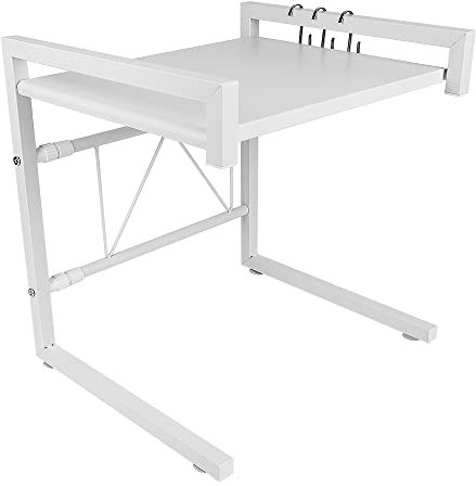 THINFAR Support Extensible pour Four à Micro-Ondes à Charge Lourde, Support Micro Onde à 2 Niveaux, Support d'étagère de Cuisine avec 3 Crochets, Longueur Extensible: 40-65cm (Blanc)
