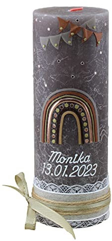 Cerziies® Taufkerze Rustik Monika Junge oder Mädchen mit Name und Datum, individuell und handverziert 1849, Variante:Klassischer Docht