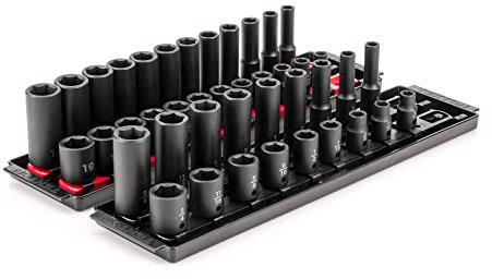 TEKTON 3/8 Inch Drive 6-Point Impact Socket Set with Rails and Trays, 42-Piece (5/16-3/4 in., 8-19 mm) | SID91216