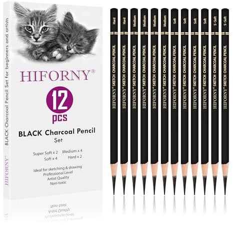 HIFORNY 12 Pieces Charcoal Pencils Drawing Set - Super Soft,Soft,Medium and Hard Charcoal Pencils for Drawing,Sketching,Shading,Blending,Portrait