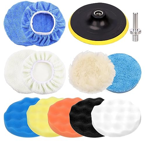 Swpeet 13Pcs 6 Inch Buffing Pads Set, Car Polishing Pad Kit, Foam Polish Pads Wax Buffer Polisher Attachment for Drill for Household Electric Drill and Auto Polisher with M14 Drill Adapter