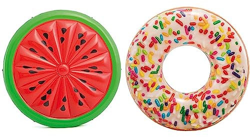 Intex 56283EU - Wassermelonenförmige aufblasbare Matratze 183 x 25 cm & IN - aufblasbarer Schwimmreifen Tube Zuckerstreusel Donut ˜114cm (Gebrauchsspuren)