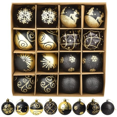 Weihnachtskugeln Schwarz Gold 6cm: 16 Stück Weihnachtskugeln Kunststoff Bruchsichere mit Aufhängen - Christbaumkugeln Schwarz Glitzer Weihnachtsdeko für Innen Aussen Christmas Ball Decoration Set
