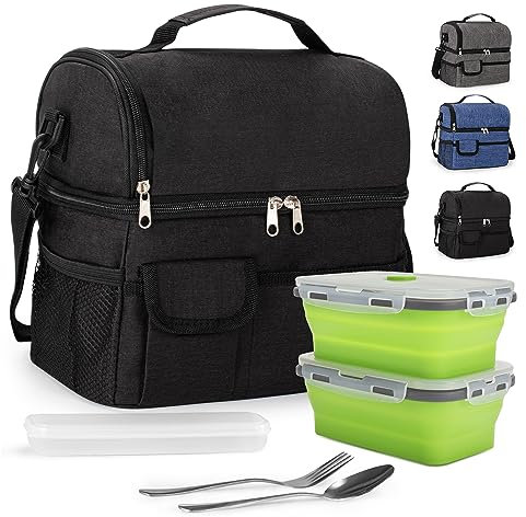 BalladHome Borsa Termica Porta Pranzo 10L Borsa Termica Borsa Frigo con doppio scomparto, 2 Contenitori Alimentari e 1 set di posate, per uomo e donna per Lavoro, Scuola (Nero, 2 Contenitori)-X