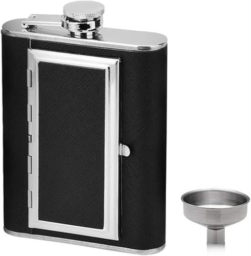 CAFFIA Petaca for licor y embudo - Petaca de bolsillo de acero inoxidable a prueba de fugas de 6 oz con cubierta de cuero negro for bebidas discretas de alcohol, whisky, ron y vodka Regalo for hombres