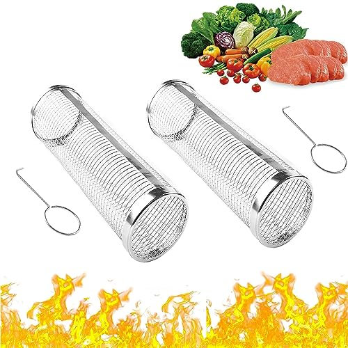 2 Pièces Paniers à Griller Cylindriques, Cylindre de Panier Gril Roulant BBQ, Panier de Gril Roulant, Peut Être Utilisé pour Cuire des Légumes, De la Viande et D'autres Aliments