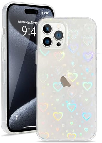L-FADNUT for iPhone 15 Pro Max Case Clear Cute Holographic Heart Pattern for Women Girls Transparent Fashion Glitter Silicone Bumper Shockproof Protective Phone Case for iPhone 15 Pro Max