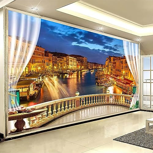 Venedig-Nachtansicht Fototapete, Nachgemachter Balkon Mit Blick Auf Die Stadt Tapete, 150 x 70 cm Wandbild Dekoration - für Wohnzimmer Schlafzimmer die Mauer