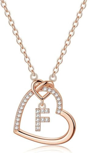 LIHELEI Damen Halskette Herz Buchstabe S925 Roségold Kette Damen Personalisiere Kette, Geburtstags und Weihnachten Geschenk Für Frauen Mädchen Mama Freundin - F(Roségold)