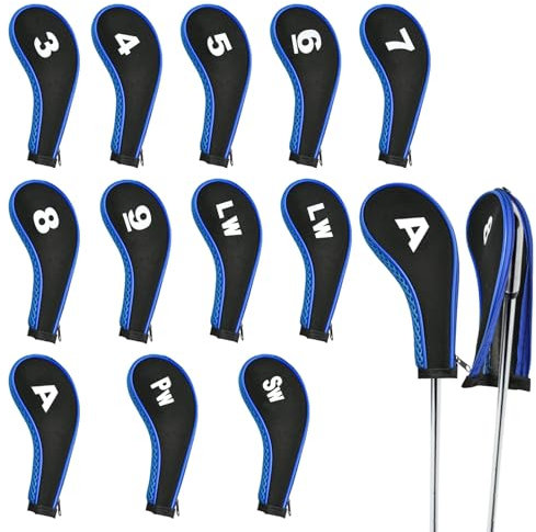 Akamino 12 Pcs Golf Head Covers,3-9, Pw, Aw, Sw, Lw, Lw Printing Irons Head Covers Set,Wedge Head Cover with Zip,Golf Club Headcovers Protector for Golfer