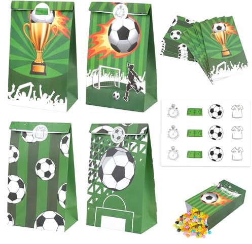 Fußball Geschenktüten Papier, 12 Stück Fussball Candy Tüten mit Aufkleber, Geburtstagstüten Mitgebsel Kinder, Fußball Kindergeburtstag Party Tüten, Süßigkeitstüten, Geburtstage Deko Papiertüten