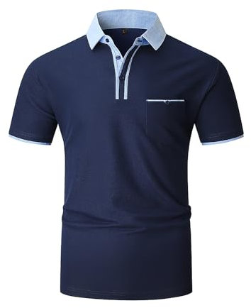 KUNJLELP Herren Poloshirt Kurzarm,100% Baumwolle,Sommer Slim Fit Sports Golf Polohemd Blau Patchwork Kragen T-Shirt M-3XL,Blau,XXL