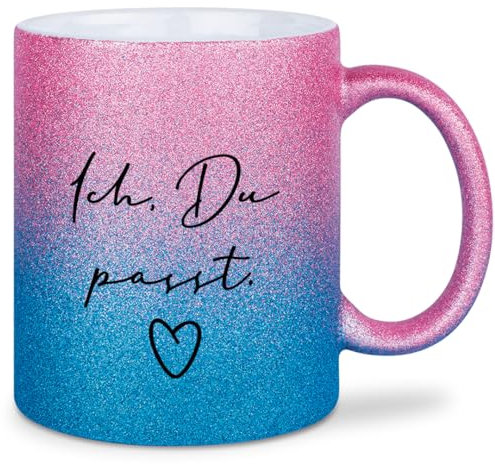 glitzertassen.de® | Ich, Du, passt! | Tasse mit Glitzer | Geschenkidee | Lustige Sprüche | Valentinstag | Liebe | Kaffeebecher | Keramik | 330 ml | Roséblau