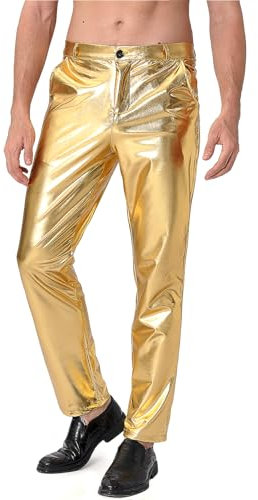 Funny World Mens Disco Pants 70s Metallic Leather Trousers, Gold Metallic, 38