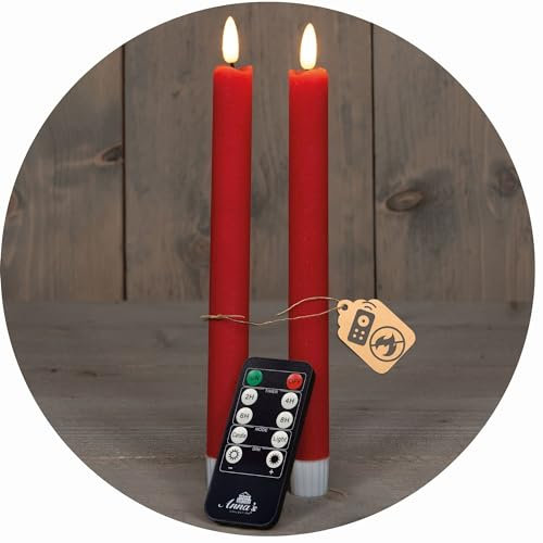 Novaliv Stabkerzen LED mit Timer ROT 2er indoor mit 6 Stunden Timer - ECHTWACHS 18cm Höhe für Kerzen 2,2cm Durchmesser 2 AAA Batterien notwendig LED Stabkerzen flackernde Flamme bewegliche Flamme