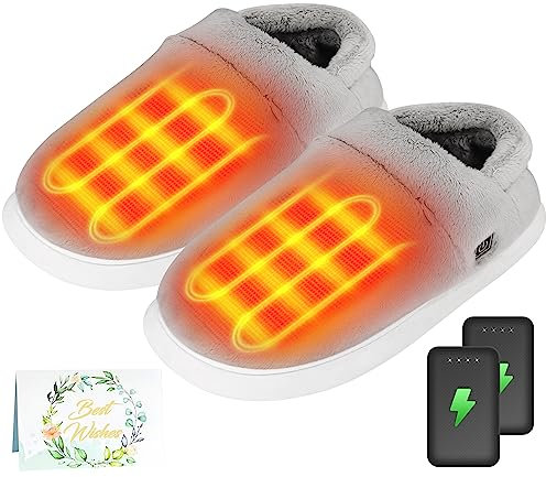 Heated Slippers - Foot Warmer for Men & Women, Electric Heating Slippers with 2 Pcs 4000mAh Battery, 3 Heating Levels (Heeled Slippers, Women 7-8 / Men 6-7)