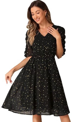 Allegra K Chiffon Dress for Women's Metallic Stars Ruched Sleeve V Neck A-line Dress Black XL
