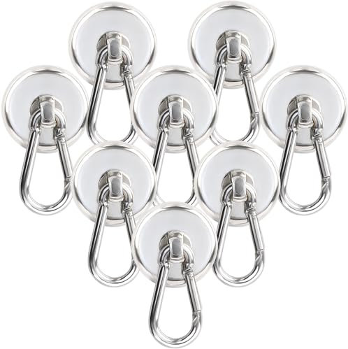 OCEUMAOA 8Stück Magnethaken Extra Stark 30kg Neodym Magnete mit Haken Magnet Karabiner Sehr Stark 32mm 360°Drehen Magnete Stark Groß für Kühlschränke Küchen Garage Büro Magnetische Haken Silber