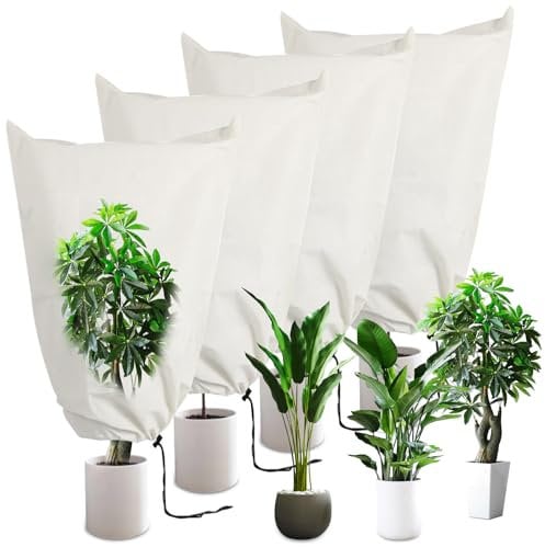 ZQEJEFD Winterschutz für Pflanzen,4 Stück 80 x 60 cm Pflanzenschutz Winter Kübelpflanzen mit Zugband, Atmungsaktiv Reißfest Wiederverwendbar für Garten Haube Kübelpflanzen Olivenbaum Palmen Baum Weiß