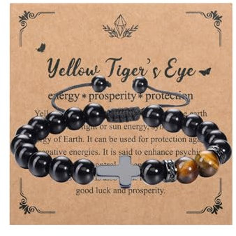 Zysta Edelstein Armband Herren Damen 8mm Perlenarmband mit Kreuz Gerflochten einstellbar Stretch Armkette Tigerauge Obsidian Glückbringen Geschenk
