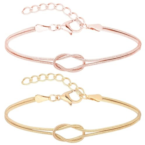 Irikdescia 2 Stück 14K Knot Armband Gold, Partnerarmbänder, Paar Armbänder, Paare Geschenke, Passende Pärchen Armband Für Paaren Freundschaft Beziehung(rosa gold)