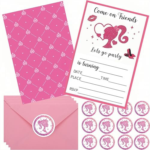 CaiJianYuLin 20 pz Inviti Partecipazioni Compleanno Biglietti con 24 buste adesive i biglietti in design delle bambole rosa principessa sono l'invito per ragazze per il compleanno