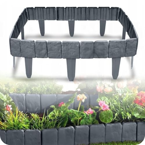 KRUMAD Rasenkante Kunststoff Steinoptik, 10 Stück Set 2,5 Meter, Höhe 23 cm, Beeteinfassung Stein, Beetumrandung Garten, Mähkante für Blumenbeet, Stecksystem, Wetterfest & UV-beständig, Anthrazit