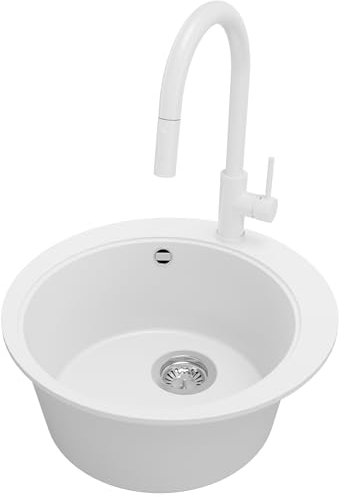 PRIMAGRAN Fregadero Granito Circular Blanco 50x50cm, Cocina 1 Seno + Grifo 40x20cm + Sifón, Sobre encimera al mueble 45cm - Pisa