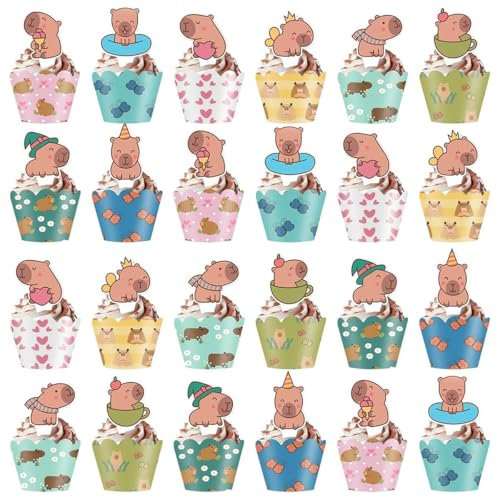 Decoración de Magdalenas de Dibujos Animados, Capybara Decoración para Cupcakes, Juego de 48 Adornos y Envoltorios para Cupcakes Para Niños y Niñas