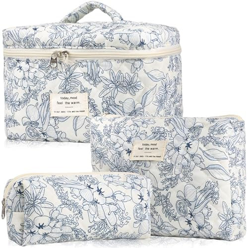 POWZOO Lot de 3 Trousse de Toilette Femme Voyage,Motif Floral Trousse de Maquillage en Coton,Trousse Maquillage Femme,Pochette de Rangement,Makeup Bag Grande Capacité,pour Fille Femme.(Bleu)