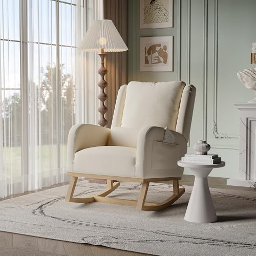 BRILVERDE Sedia a dondolo scandinava con tasche laterali e base in legno massello, per soggiorno, balcone o sala di lettura e relax, beige, lino e spugna, ergonomico e braccioli