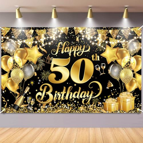 50.Geburtstag Banner Schwarz Gold, Waylipun Geburtstag Party Dekorationen, Geburtstagsbanner Hintergrund Banner für Frau Mann, 180×110cm