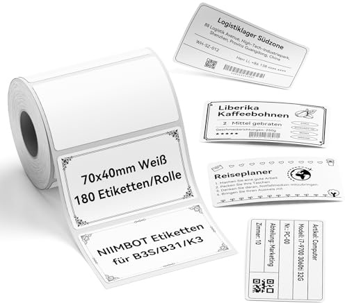 NIIMBOT Etiketten 70 x 40mm 180 Etiketten pro Rolle, Selbstklebender Etikettenband für B31 B3S K3 Etikettendrucker, 1 Rolle Thermo-Etikettenband für Supermärkte, Einzelhandel, Büro, Weiß