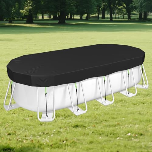 Oval Pool Cover 10 x 20 Ft for Above Ground Pool [ Upgrade 420D ] Heavy Duty Fabric Pool Covers Oval Swimming Pool Cover with Ground Nails, Hook and Loop Fastener, Super Windproof, Quick Installation
