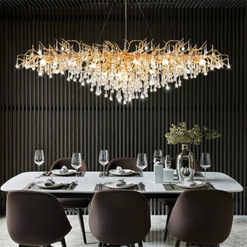 Leomix Moderne Kristallleuchte für Esszimmer - Goldene Rechteckige Deckenleuchte, Kristalltropfen-Zweige-Leuchten für Wohnzimmer, Schlafzimmer, Eingangsbereich, Flur, Hoher Decke,L140cm