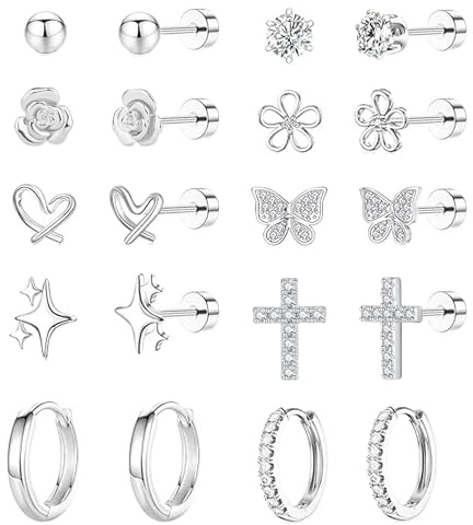 LOFITOR Chirurgenstahl Ohrringe Schraubverschluss für Damen Mädchen | 316L Hypoallergen Medizinische Edelstahl Flatback Hänger Ohrstecker Set Creolen Mit Kreuz Herz Stern Blume Für Kinder