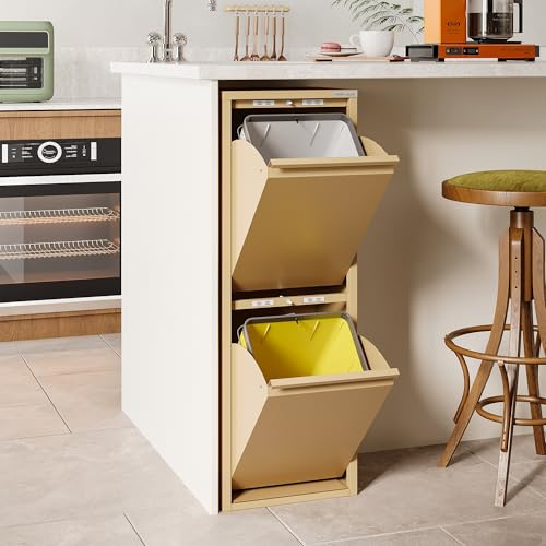 VEEHAUS Küchen Mülltrennsystem, Metall Müllschrank, Klappfach (2 x 15 L) | Freistehend & vormontiert, Einzeln öffenbare Klappen, Magnetische Außenfläche, Herausnehmbare Eimer, 30 L •Vory