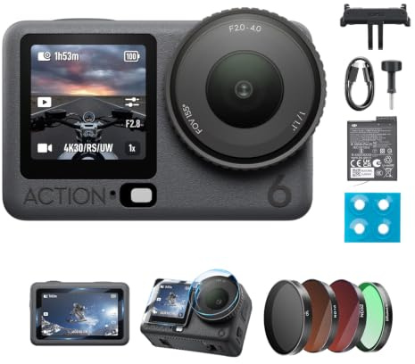DJI Osmo Action 6 Erweiterte Combo, Action-Cam 4K mit 1/1,1″-Quadratsensor, Variable Blende von f/2,0-f/4,0, längere Akkulaufzeit mit 2 Akkus