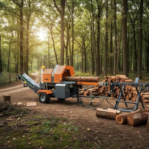 28-Ton High-Force Log Splitter with Vertical/Horizontal Conversion, Reinforced Steel Construction and Extended Ram Stroke for Heavy Wood Processing in Large Worksites and Outdoor Cutting Tasks