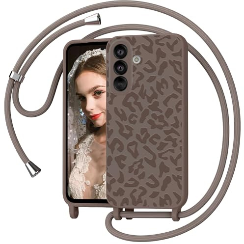 Mosoris Handyband für Samsung Galaxy A56 5G Hülle mit Band, Leopardenmuster Silikon Handyhülle mit Kette, Necklace Schutzhülle zum Umhängen Kordel, Liquid Silikon Case für Samsung A56 5G, Kahki