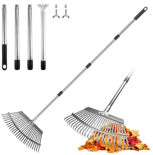 ARTIPOLY Garden Leaf Rake, Rake for Leaves with 25 Metal Tines, 47cm Wide Heavy Duty Leaf Rake, 158cm Adjustable Long Handle Rakes Clean Up Tool for Lawns Yard Grass Flower Beds Shrub