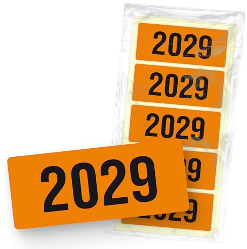 itenga 50x Jahresetiketten Ordner Inhaltsschild Jahreszahl I Aufkleber für Akten selbstklebend aus Haftpapier Rechteckig 6x2,5cm (Kalenderjahr 2029 orange)