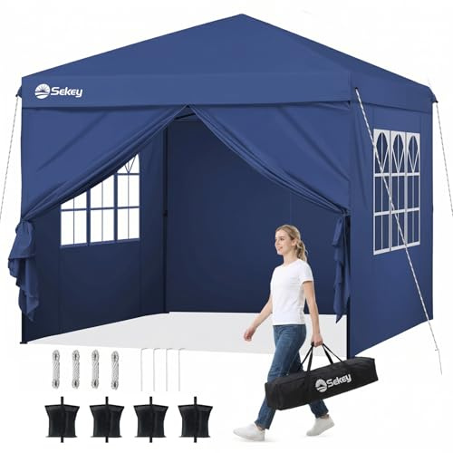 Sekey Pop Up Pavillon 3x3 Wasserdicht Stabil, Faltpavillon 3m x 3m mit Seitenwänden, Partyzelt Faltbar für Camping Party, Stufenlos Höheverstellbar 250 bis 270cm (Navy, 3 x 3 m)