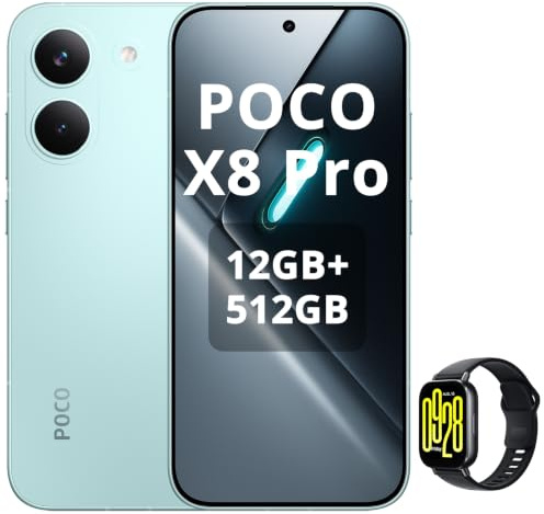 XIAOMI POCO X8 Pro 12+512GB Smartphone, Dimensity 8500-Ultra, 6500mAh Battery, Sony IMX882 50MP Sensor with OIS, 50MP CAM, Green, Charger Not Included, with Smartwatch