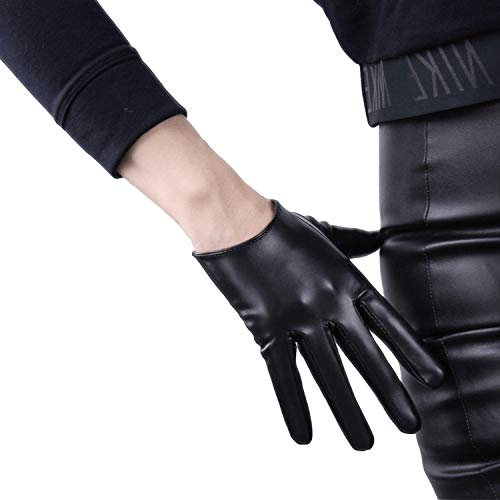 DooWay Kurze Lederhandschuhe für Damen, 16 cm, halbe Palme, Kunst-Lammfell, PU, für Abendmode, Kostüm, Auto, Motor, Schwarz, Medium