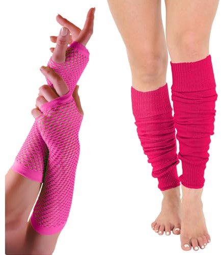 FNA FASHIONS Womens Neon Long Fishnet Gloves and Leg Warmers Ladies Fancy Hen Night 80’s Party Novelty Dress (Pink, One Size)