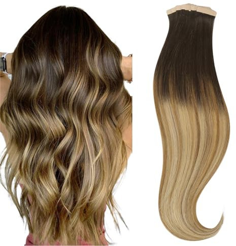 hotbanana Tape in Extensions Echthaar, 35cm Tape Extensions Echthaar 14 Zoll 20 Stück 50g Dunkel Braun bis Chestnut Braun und Dirty Blonde Highlights Echthaar Extensions Tape Gerade Tape Extensions